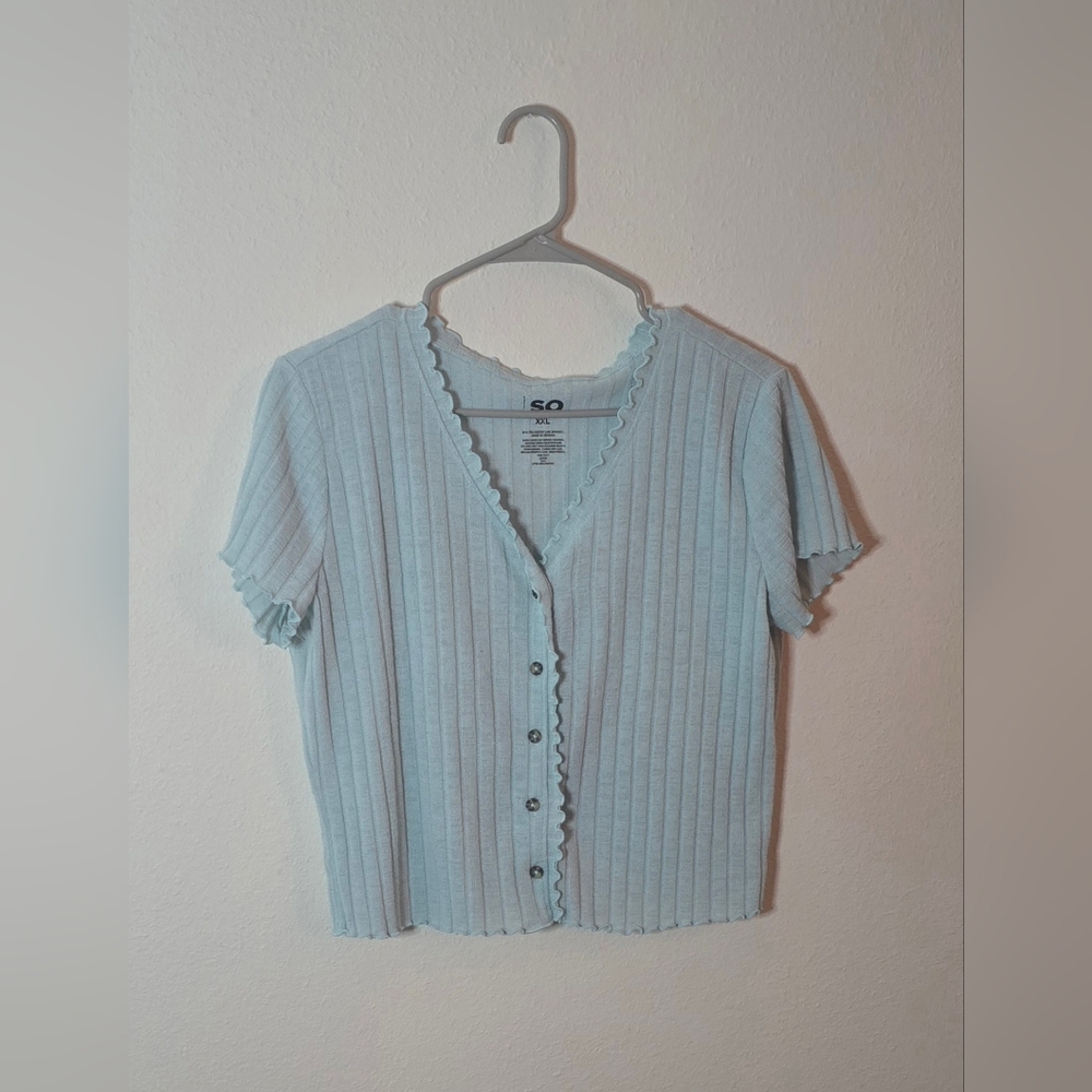 SO Ribbed Button Front Crop Y2K Trendy Top Light Blue Lettuce Edge XXL - Picture 1 of 3